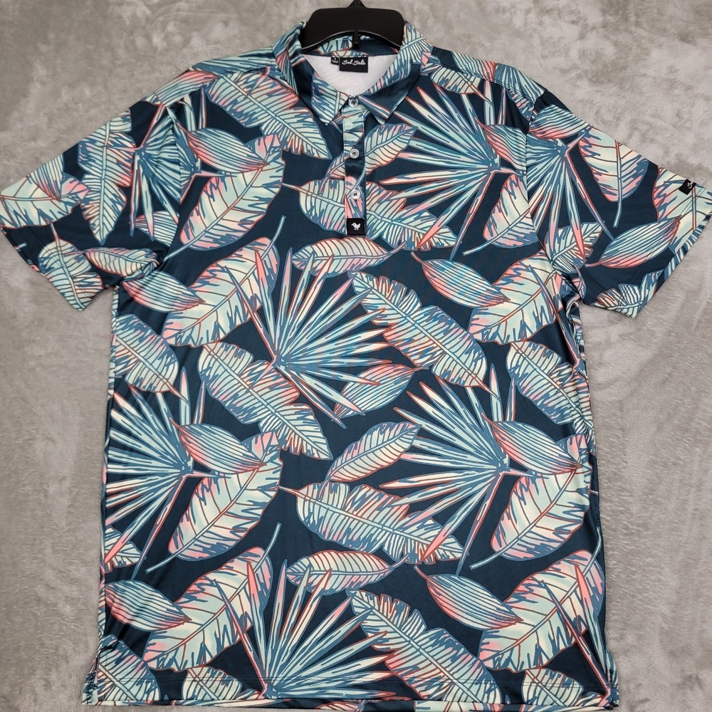 Bad Birdie Men's L Green Pink Floral Tropical Print Performance Polo Golf Shirt